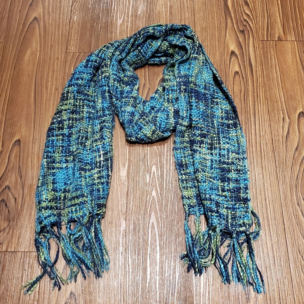 Blue Green Rectangle Long Scarf Open Crochet Knit Tassels Colorful Jewel Tone